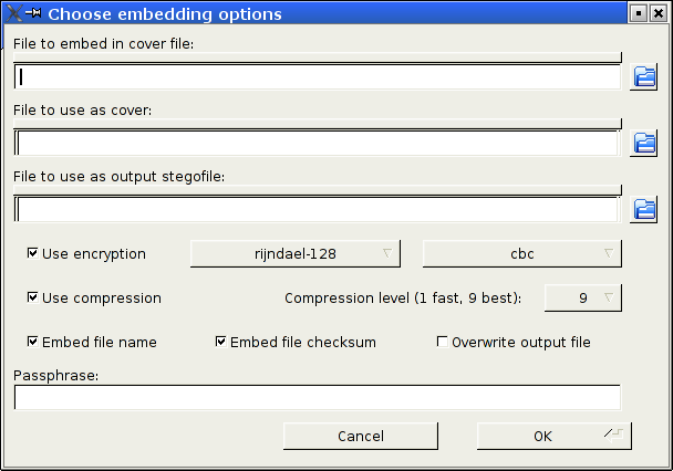 Dialog window for the Embed operation